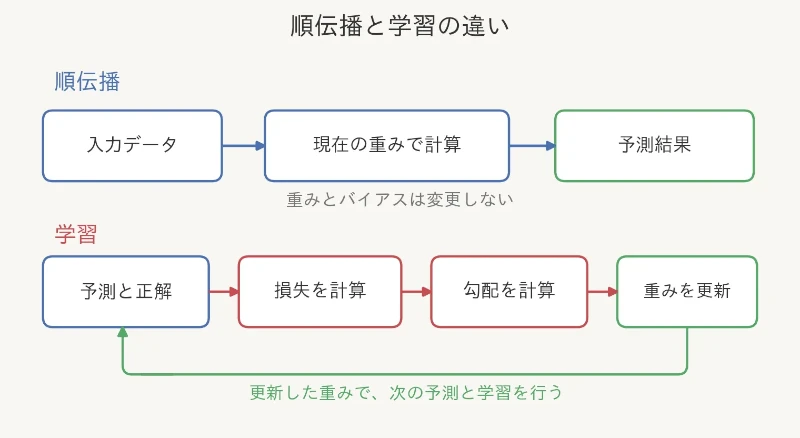 順伝播で予測値を求め、学習で損失と勾配を計算して重みを更新する流れ
