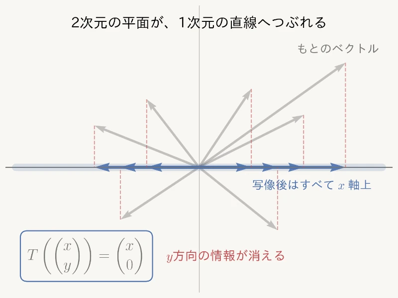 平面上のベクトルがx軸上へ移り、2次元の広がりが1次元へつぶれる図